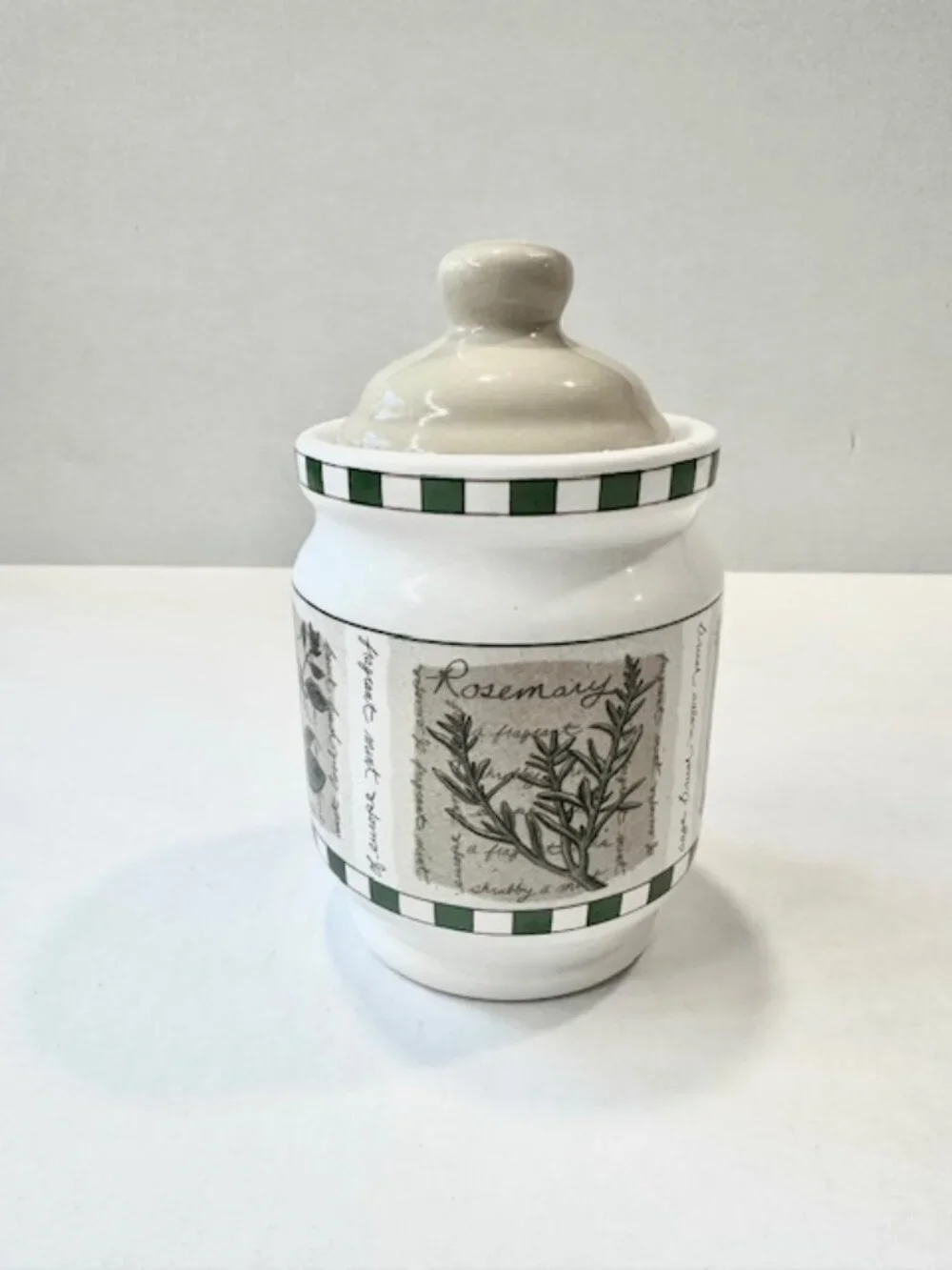 Vintage Savory Tyme Ceramic Canister with Lid Culinary Herb Theme White 6.5in
